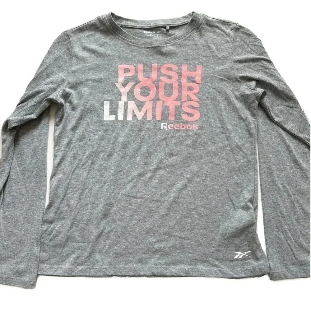 REEBOK Girls Athletic Long sleeve Tshirt Push Your Limits gray pink school sz L